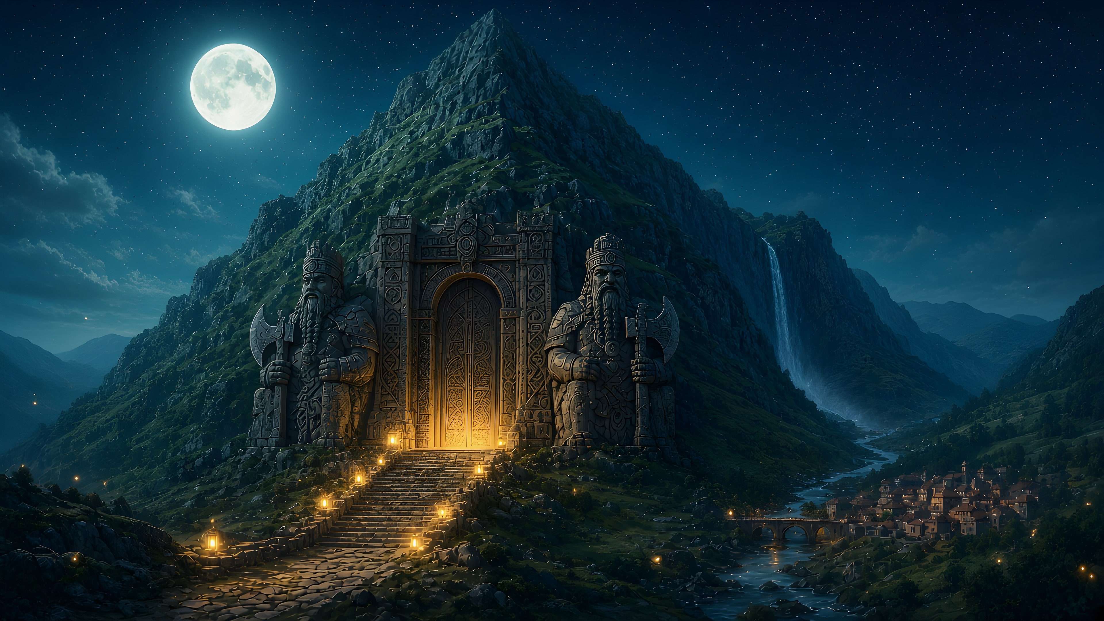 Original green Lonely Mountain with a pointed peak, a carved dwarven gate flanked by two axe-bearing dwarf-king statues, a stone stairway, a distant waterfall, and a valley town