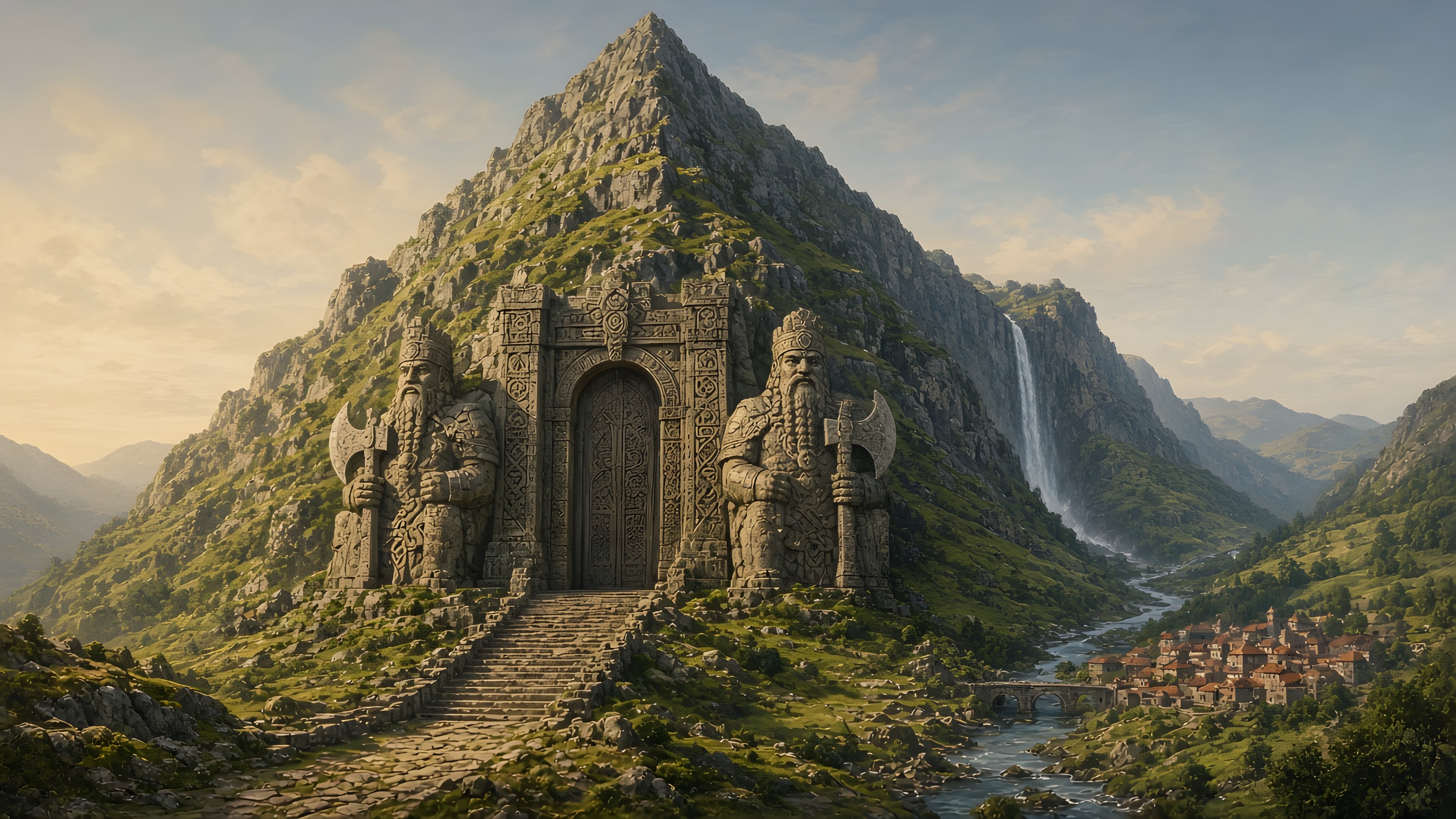 Original green Lonely Mountain with a pointed peak, a carved dwarven gate flanked by two axe-bearing dwarf-king statues, a stone stairway, a distant waterfall, and a valley town