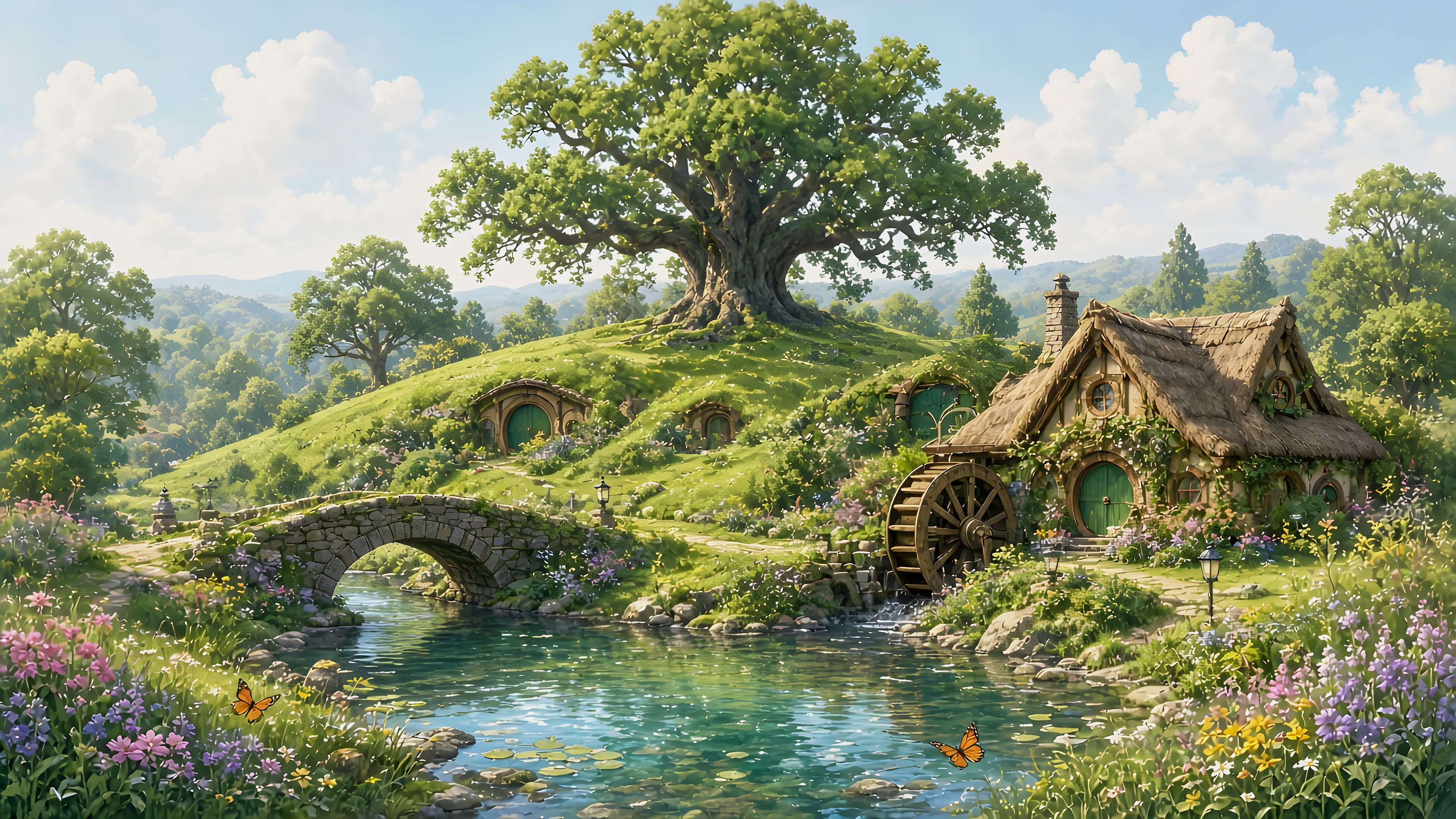 Original Shire landscape with round doors in green hills, gardens, party tree, mill and pond