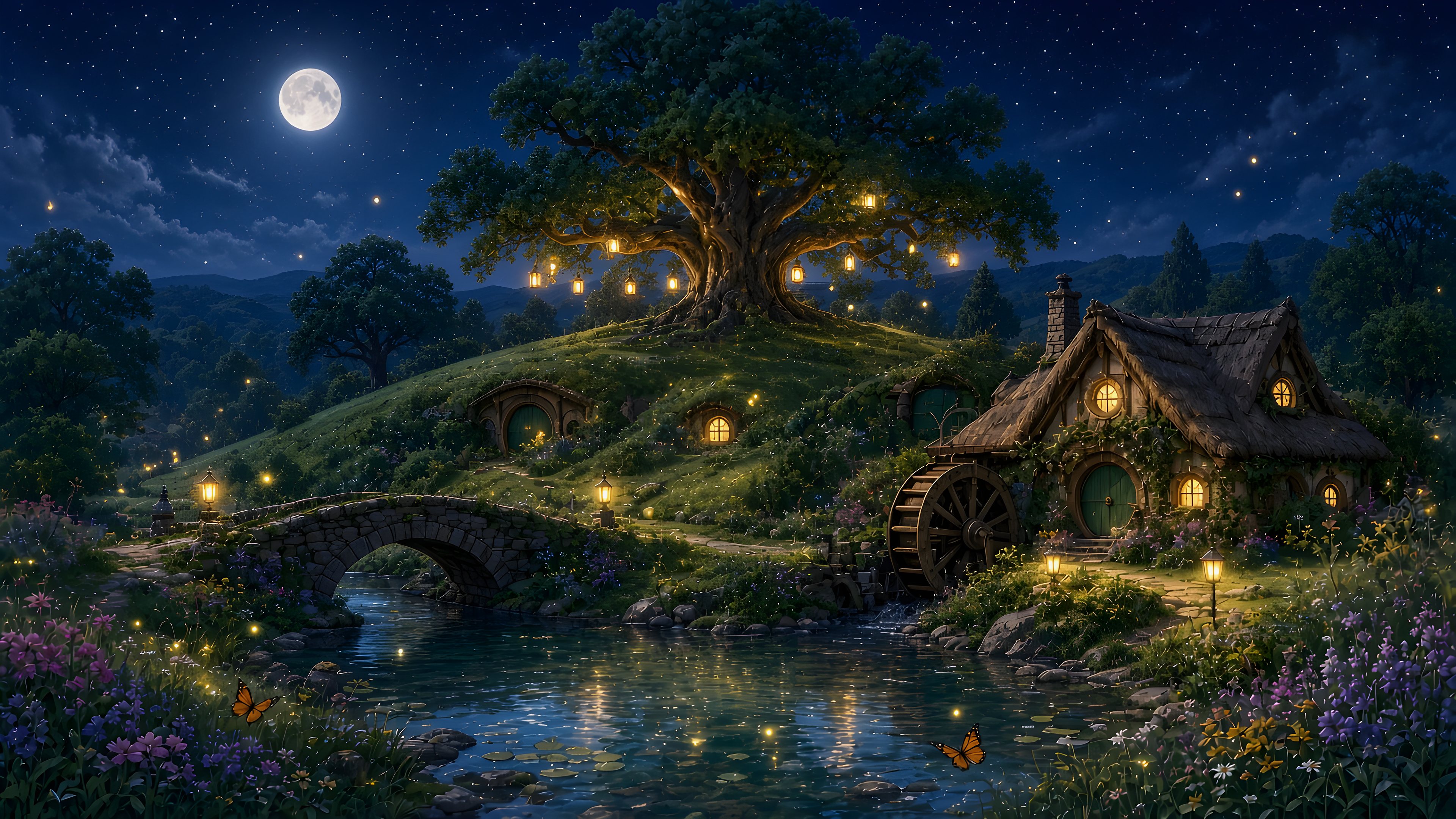 Original Shire landscape with round doors in green hills, gardens, party tree, mill and pond