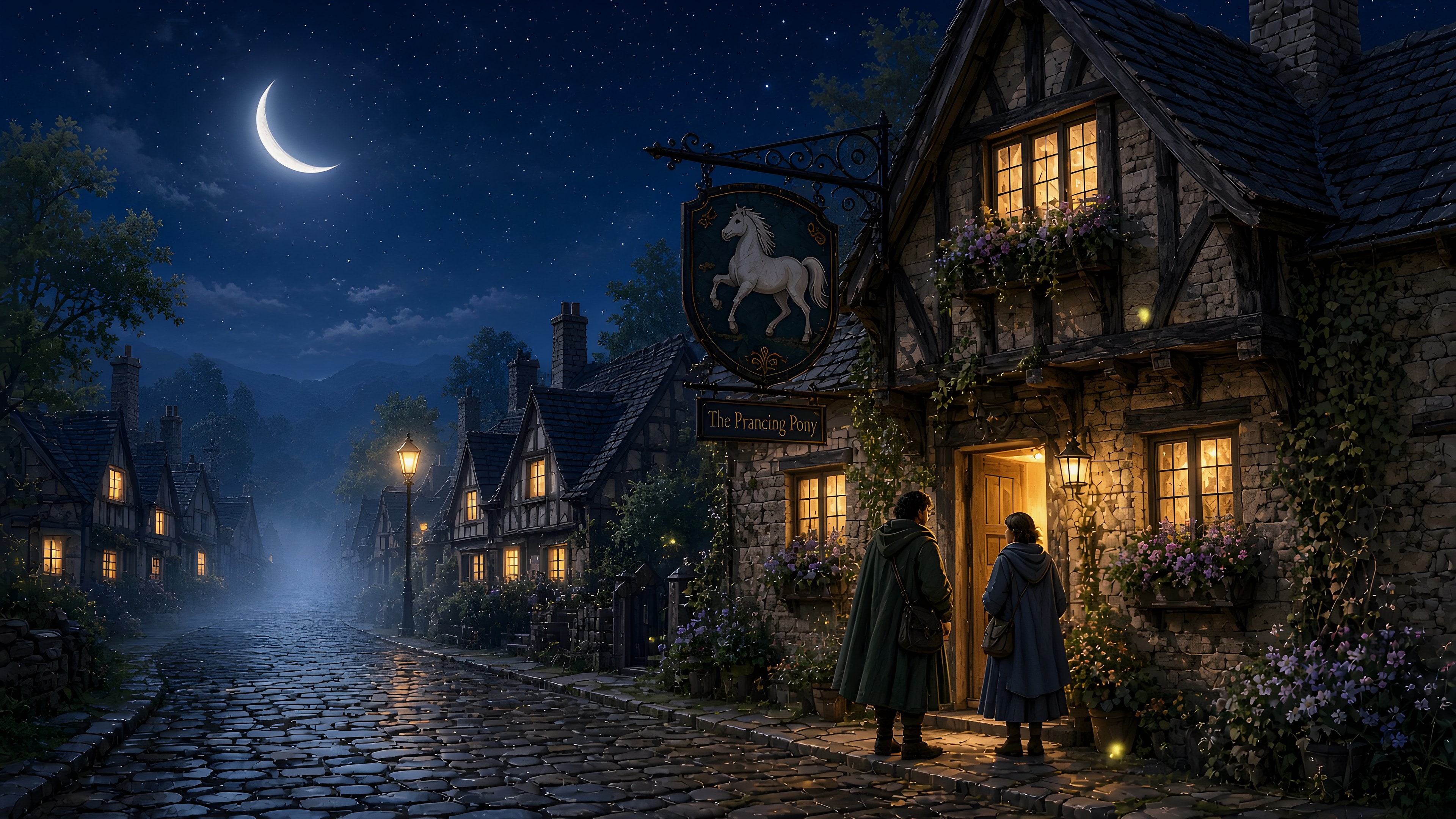 Original cosy timber-framed village inn at night with warm windows and a rearing pony sign
